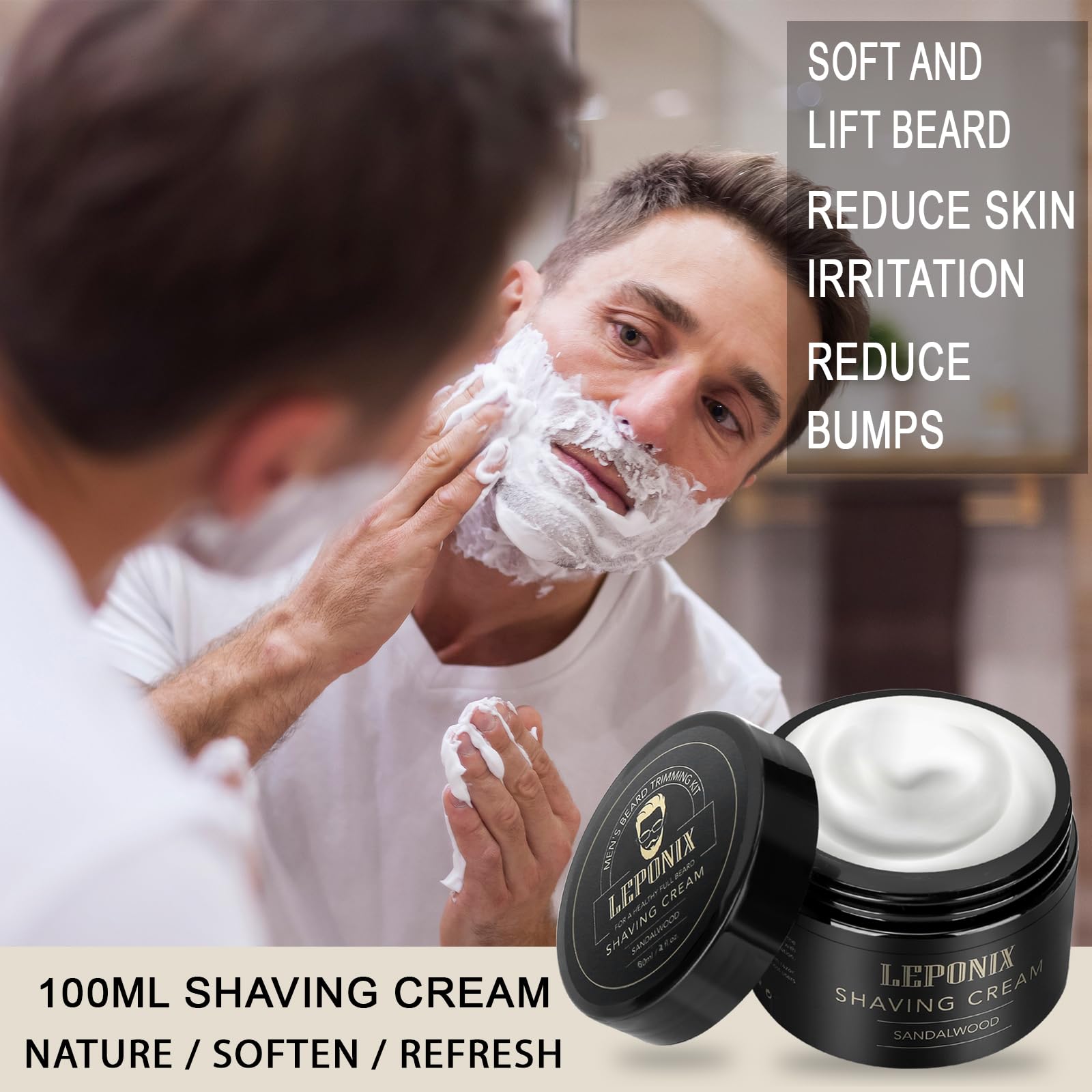 LEPONIX sandalwood cream 100ml close-up highlighting rich, protective lather