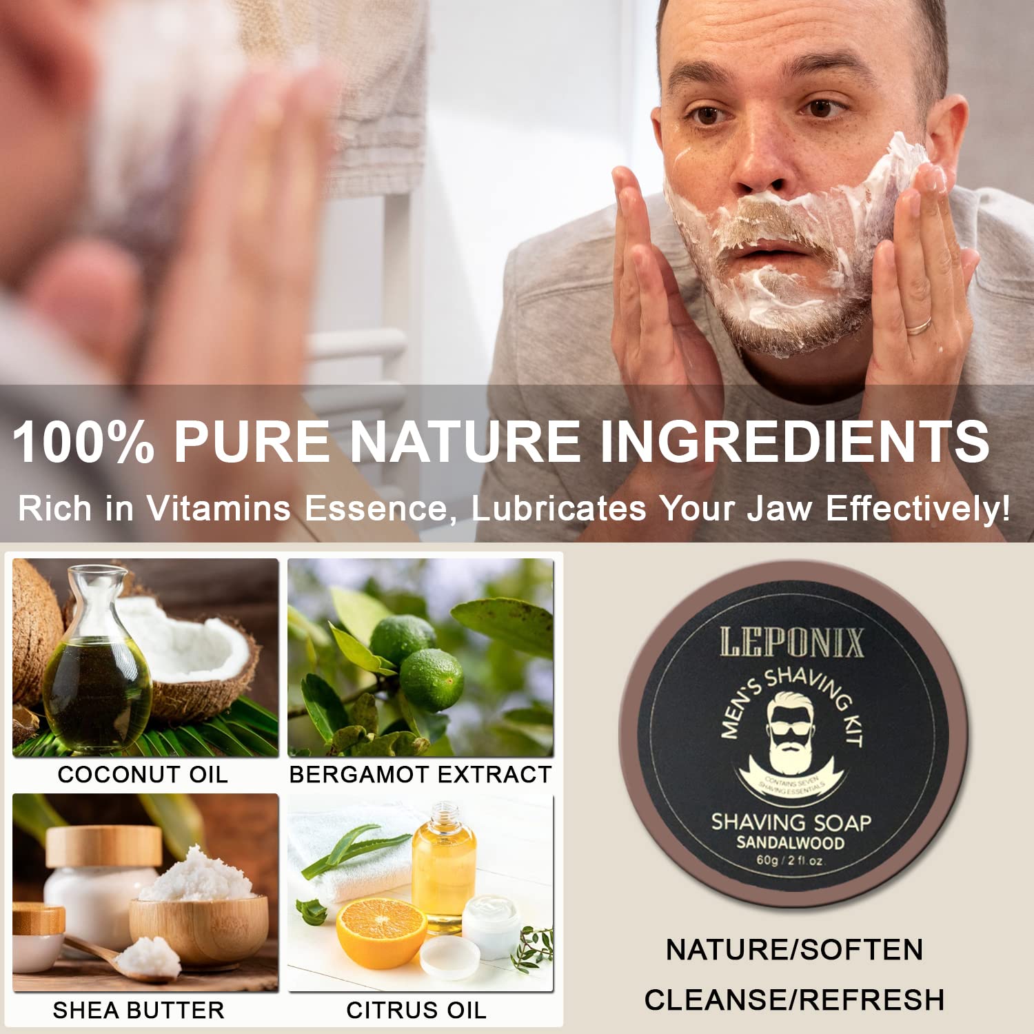 LEPONIX sandalwood soap 60g detail emphasizing smooth glide and scent