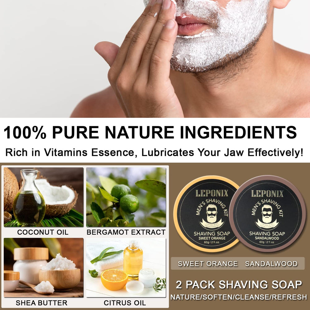 LEPONIX sandalwood-shaving-soap reveals rich lather with warm woody aroma.