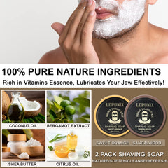 LEPONIX sandalwood-shaving-soap reveals rich lather with warm woody aroma.