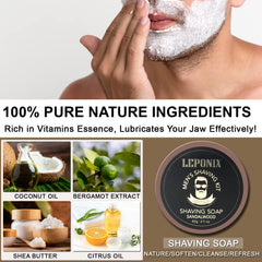 LEPONIX sandalwood shaving soap delivers a creamy lather with a warm, masculine scent