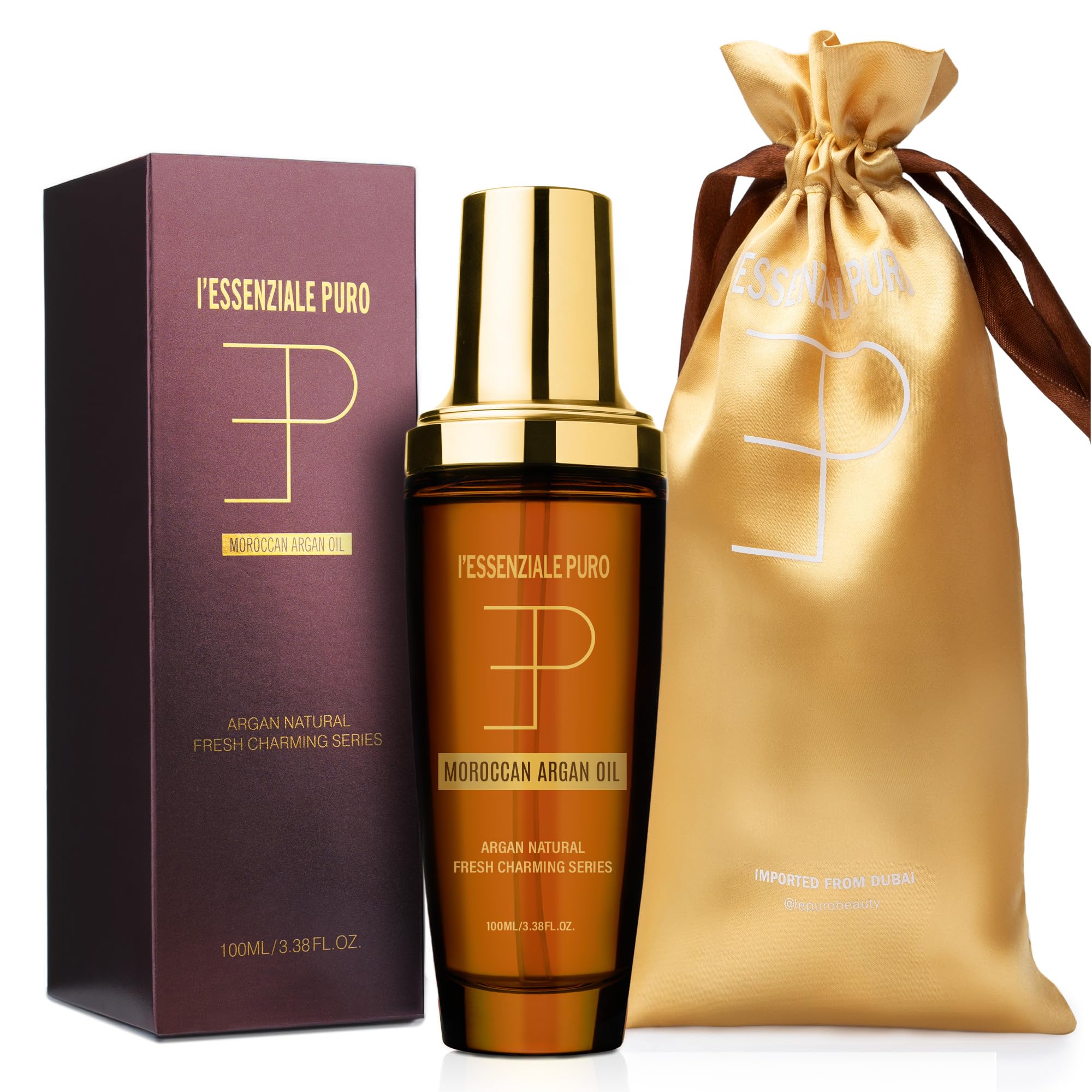 LEPURO Dubai Premium Elixir bottle emphasizes lightweight argan oil for fast-absorbing shine.