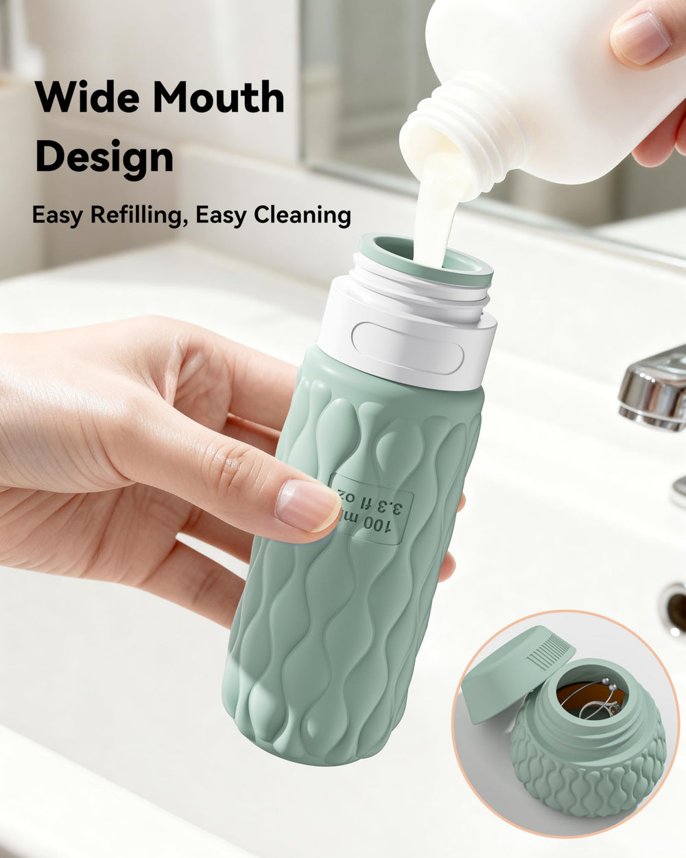 Lericttor wide-opening travel bottles enable easy filling and cleaning.