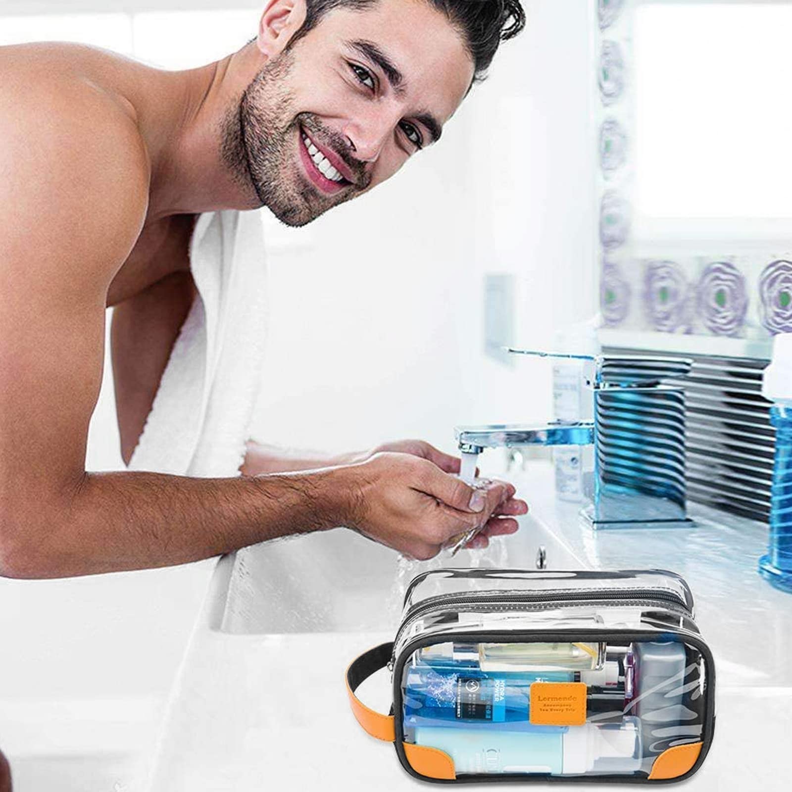 Lermende clear toiletry bag hanging strap view enables hands-free organization on the go.