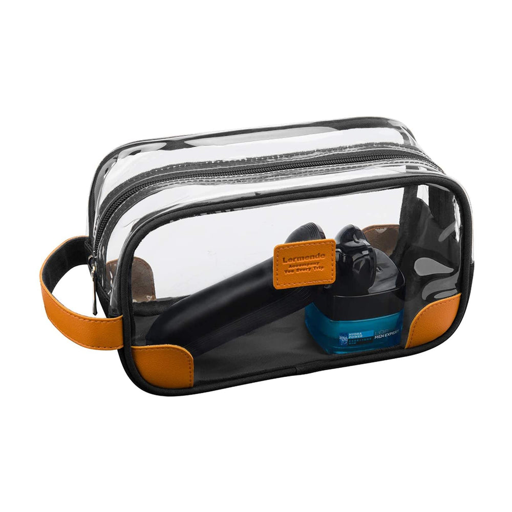 Lermende clear toiletry bag material detail shows durable PVC for quick travel access.