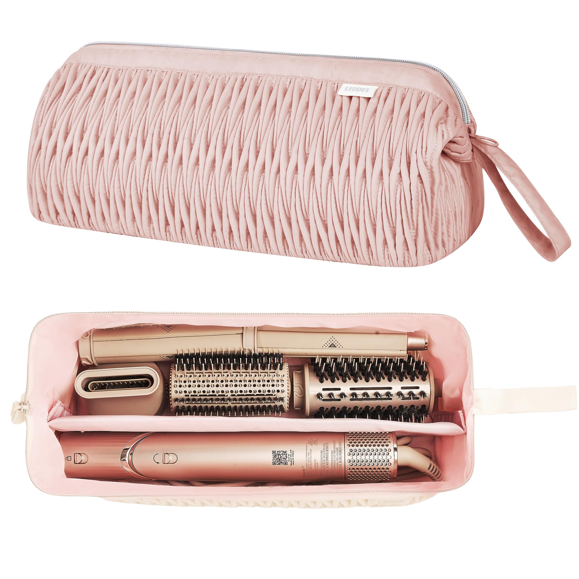 Leudes travel case pink front view showcases compact tool organizer for travel-ready styling