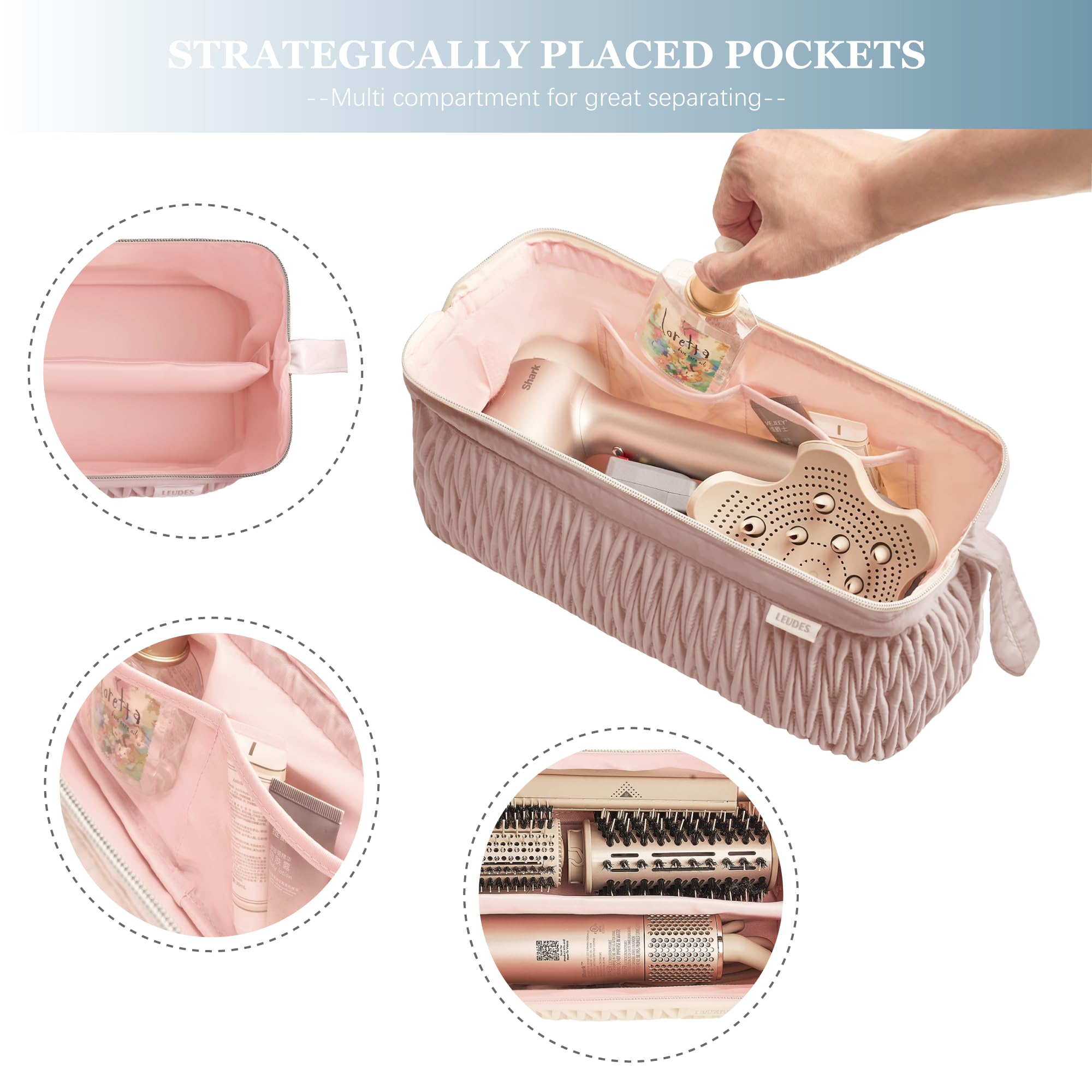 Leudes pink travel case material detail highlights water-resistant nylon exterior