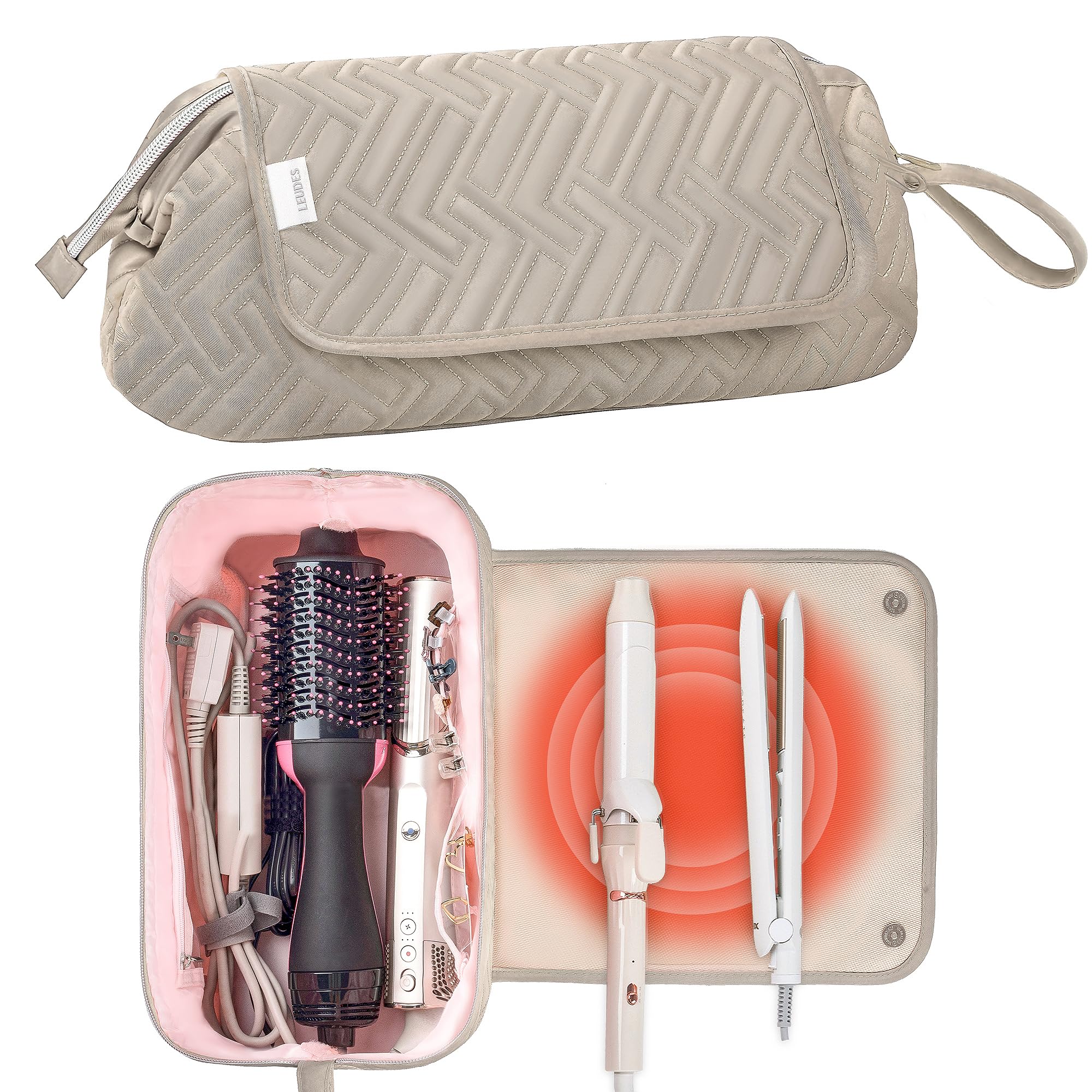Leudes hair tools travel bag camel hero showcasing spacious main compartment