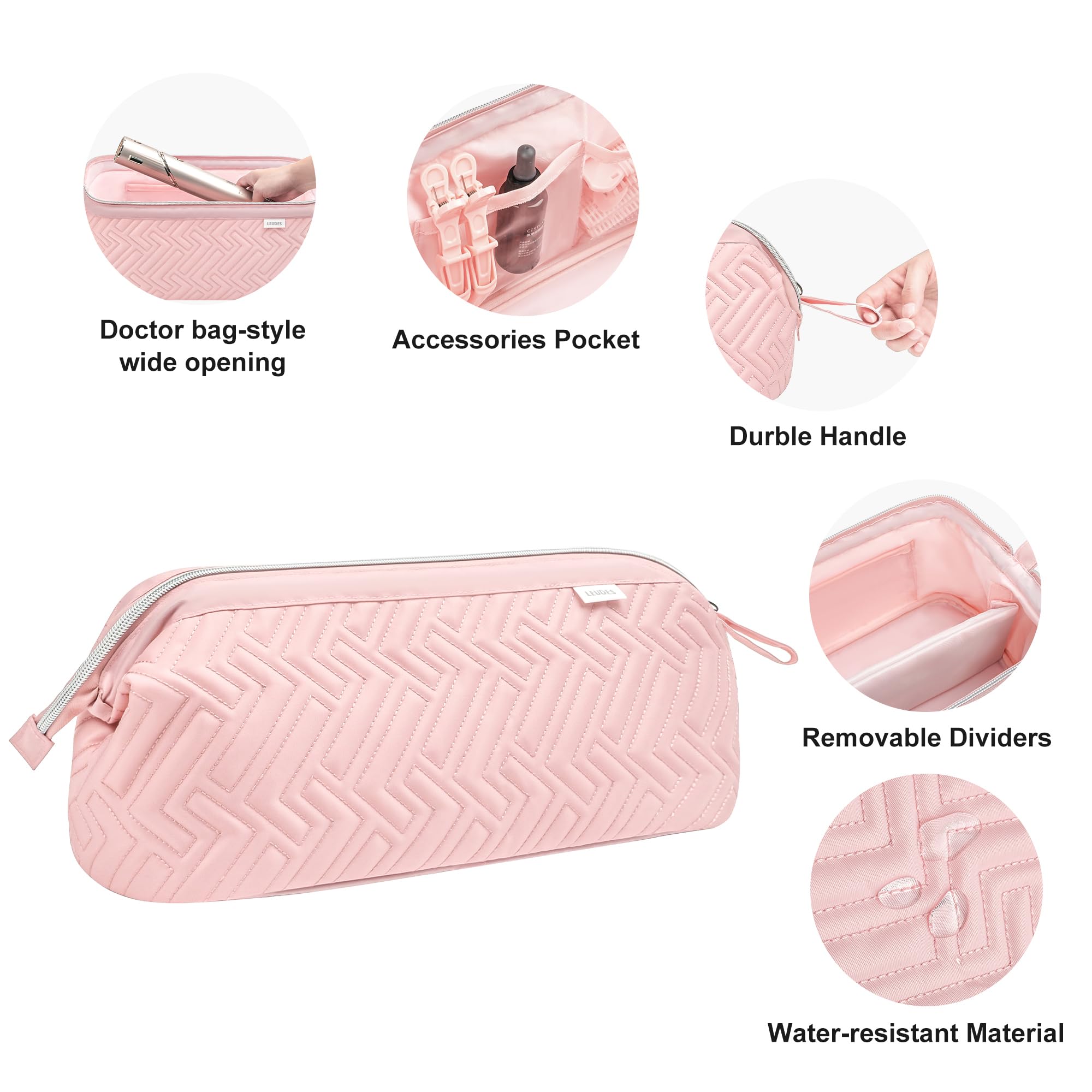 Leudes pink travel bag nylon fabric is water-resistant and lightweight.