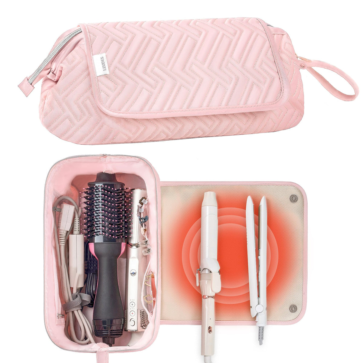 Leudes hair tools travel bag in pink with organized compartments for on-the-go styling.