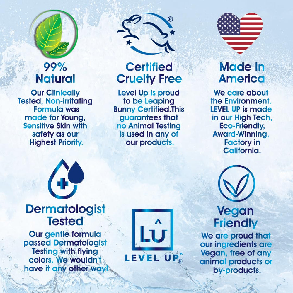 Level Up deodorant application close-up demonstrates smooth, non-irritating formula for sensitive young skin.