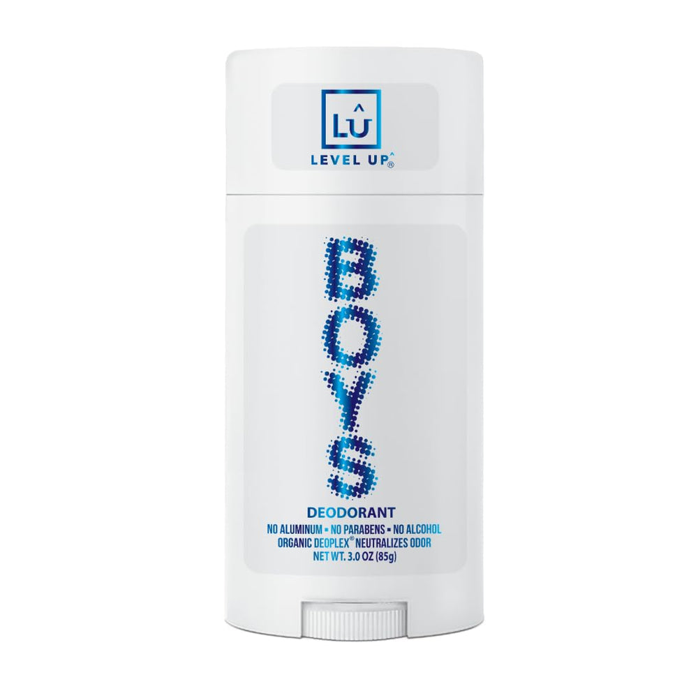 Level Up boys deodorant packaging shows kid-friendly design for all-day odor protection.