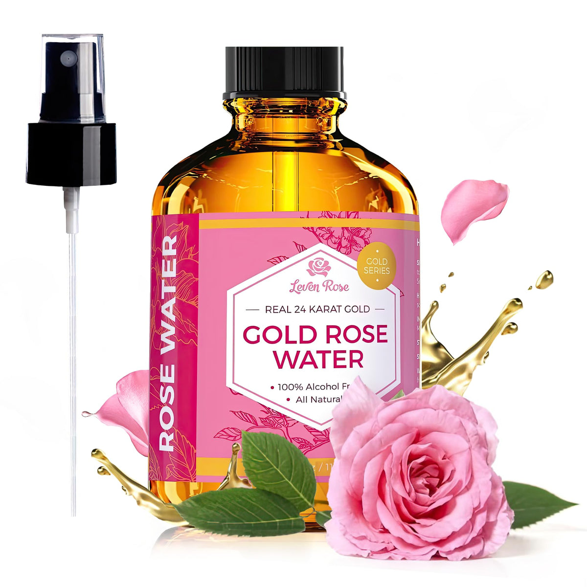 Leven Rose 24K Gold Rose Water Toner bottle for balanced hydration and luminous skin
