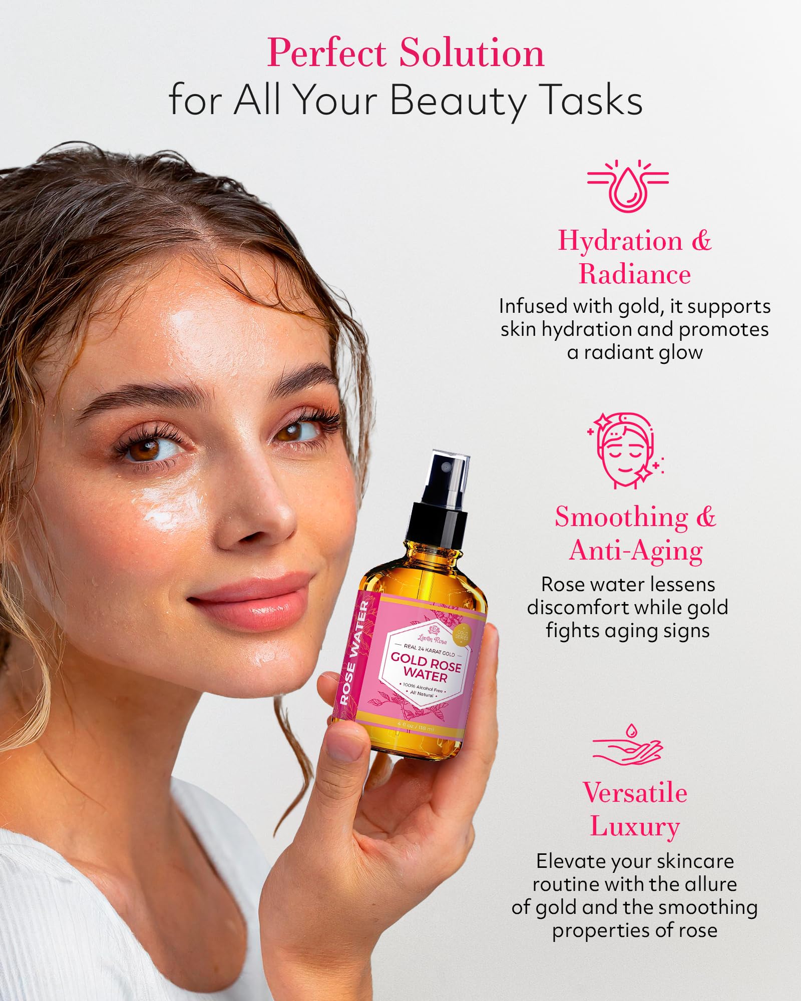 Leven Rose 24K Gold Rose Water Toner closeup showing gold-infused formula and skin-fresh feel