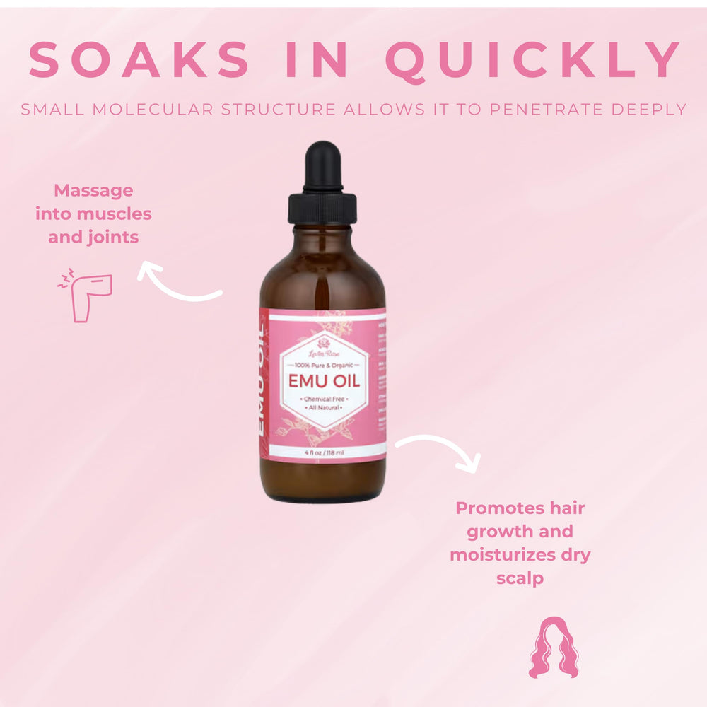Leven Rose Emu Oil con pipeta para aplicación precisa.