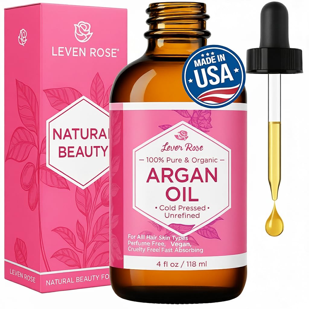 Leven Rose Argan Oil bottle front shows pure Moroccan oil for hair shine and skin softness.
