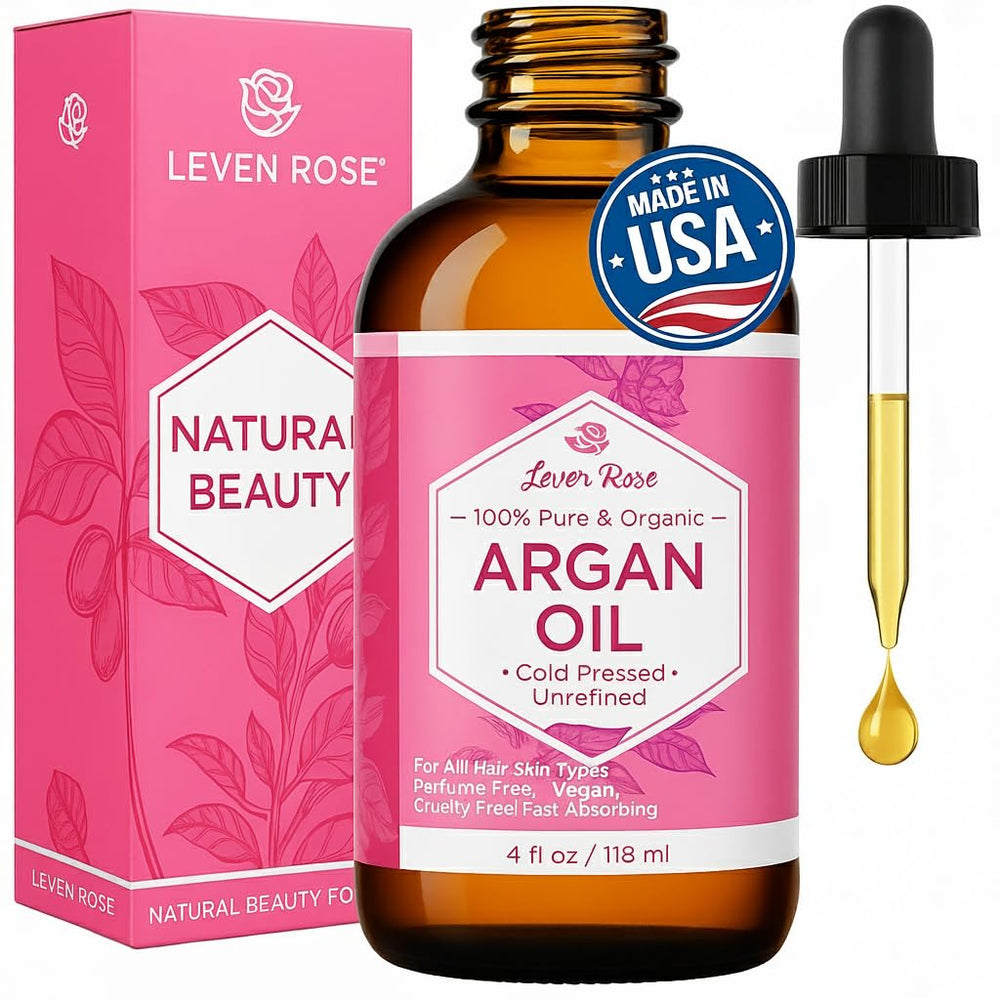 Leven Rose Argan Oil bottle front shows pure Moroccan oil for hair shine and skin softness.
