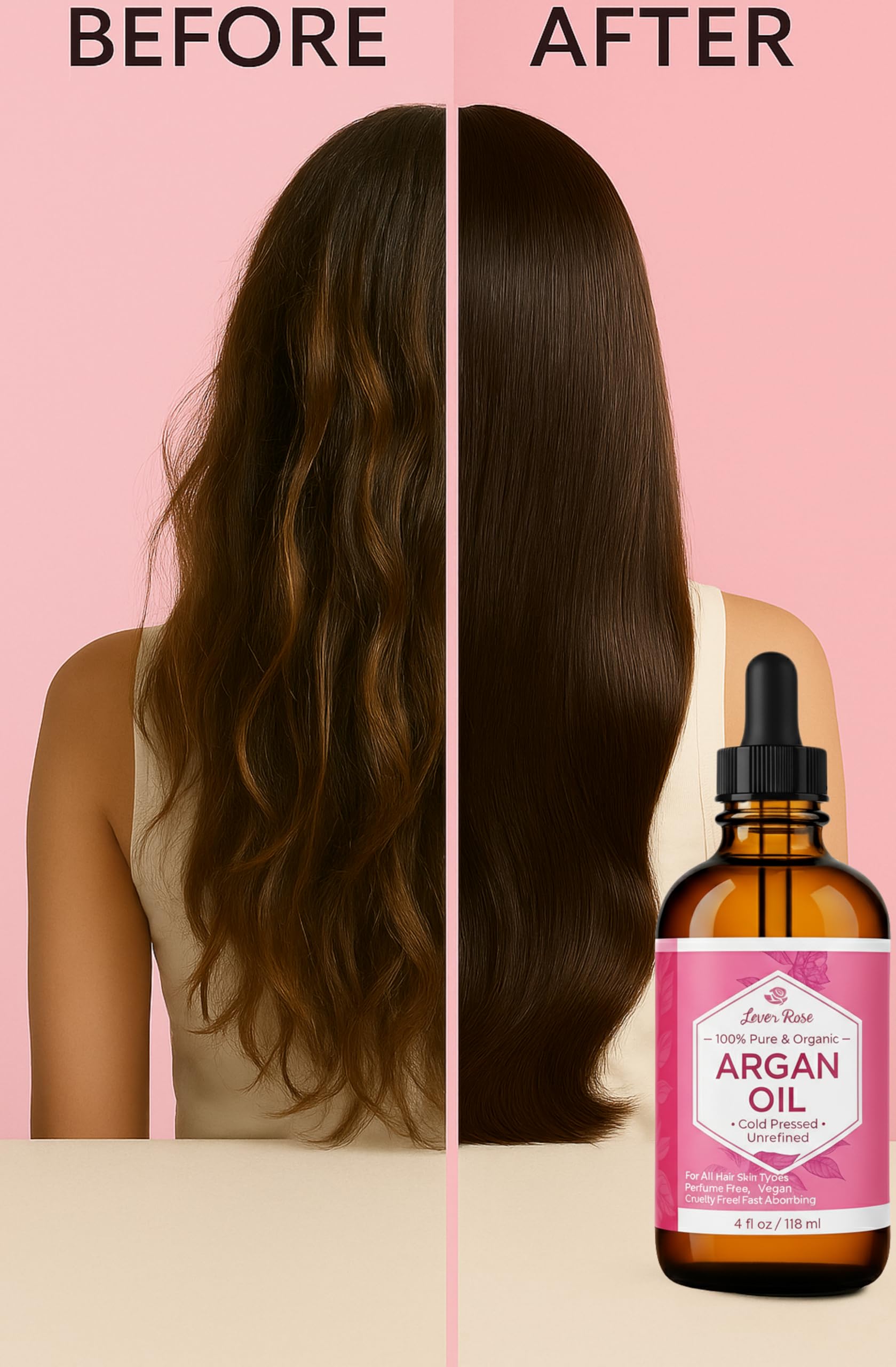 Leven Rose Argan Oil hair application shows quick-absorb formula for frizz control.