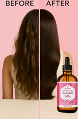 Leven Rose Argan Oil hair application shows quick-absorb formula for frizz control.