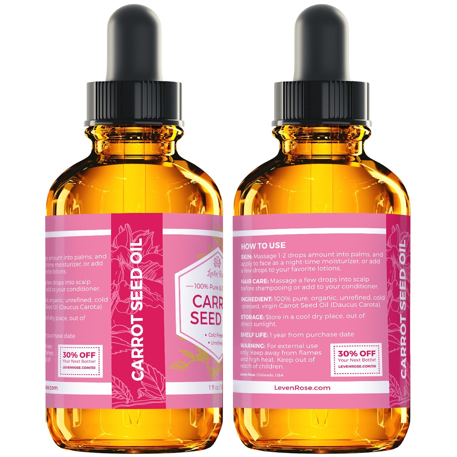 Leven Rose amber bottle – protects oil from light for lasting freshness.