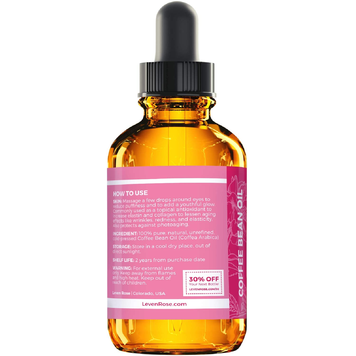 Leven Rose Coffee Bean Oil amber bottle — preserves freshness by blocking light.