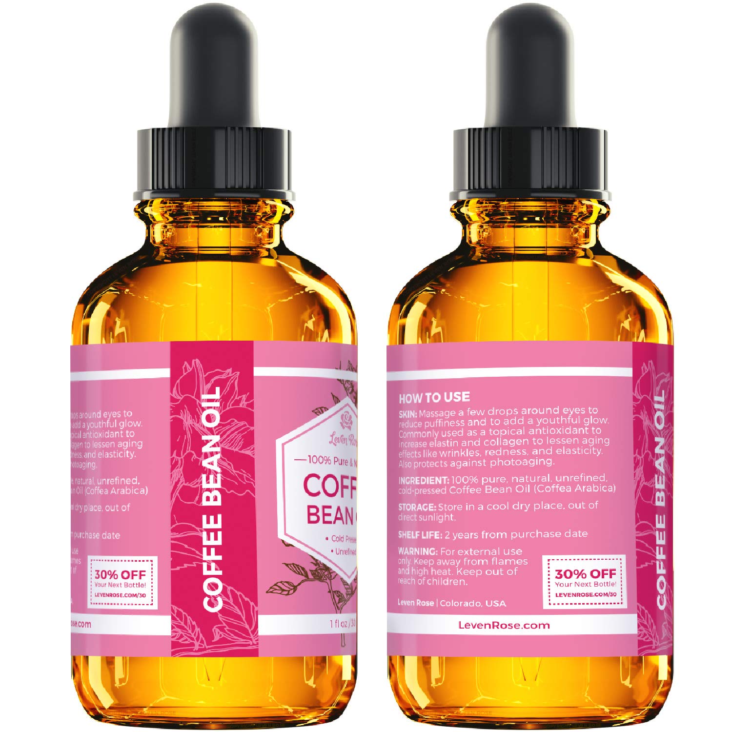 Leven Rose Coffee Bean Oil packaging — dark amber bottle preserves potency and shelf life.