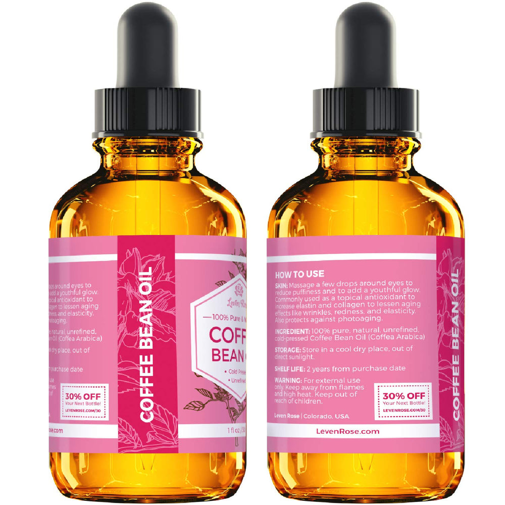 Leven Rose Coffee Bean Oil packaging — dark amber bottle preserves potency and shelf life.