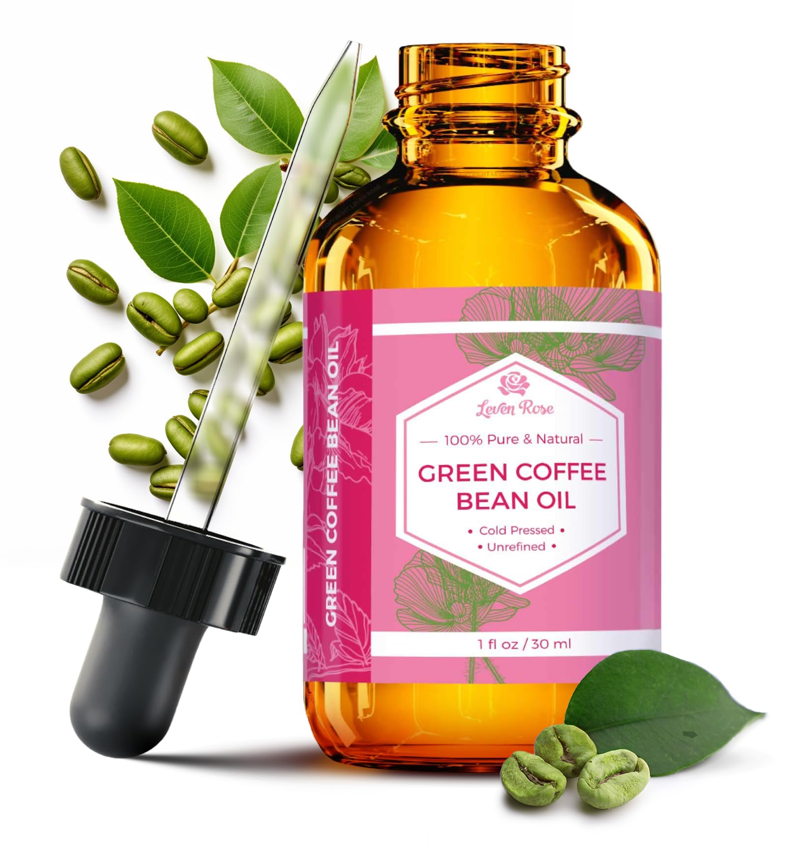 Leven Rose green coffee bean oil bottle close-up for hydrated, glowing skin.