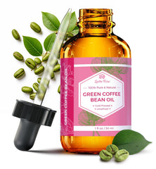 Leven Rose green coffee bean oil bottle close-up for hydrated, glowing skin.