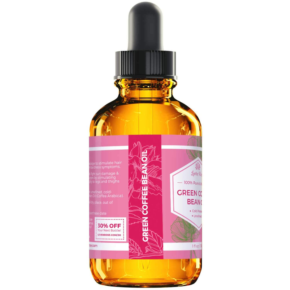 Leven Rose green coffee bean oil hair nourishment for softer strands and shine.