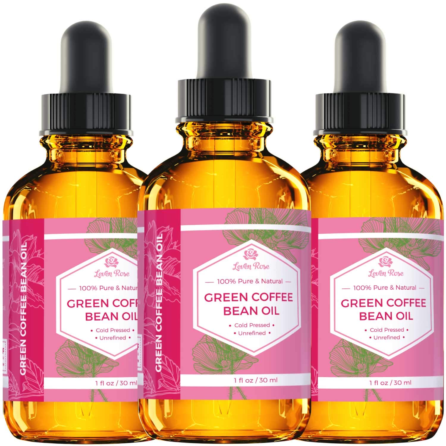 Leven Rose green coffee bean oil texture shows fast-absorbing non-greasy formula.