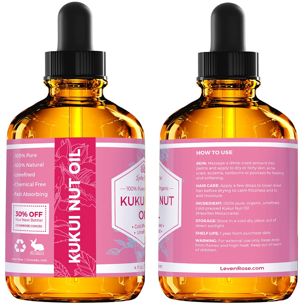 Leven Rose Kukui Nut Oil for hair care and frizz control when applied to ends.