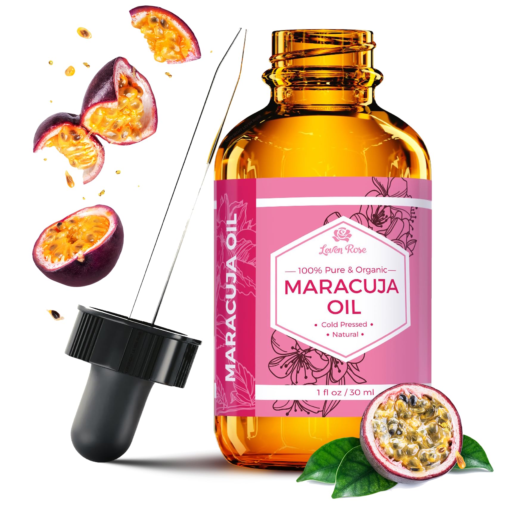 Leven Rose Maracuja Aceite en botella oscura para hidratación de piel y cabello.