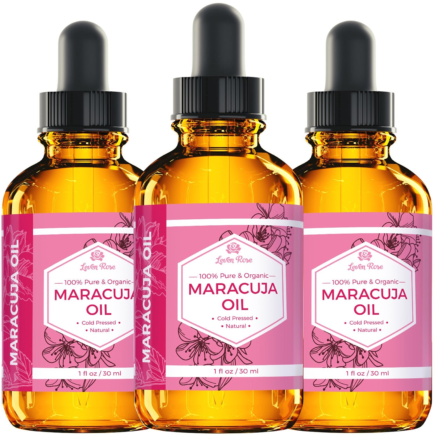 Leven Rose Maracuja Aceite en empaque oscuro para preservar potencia.