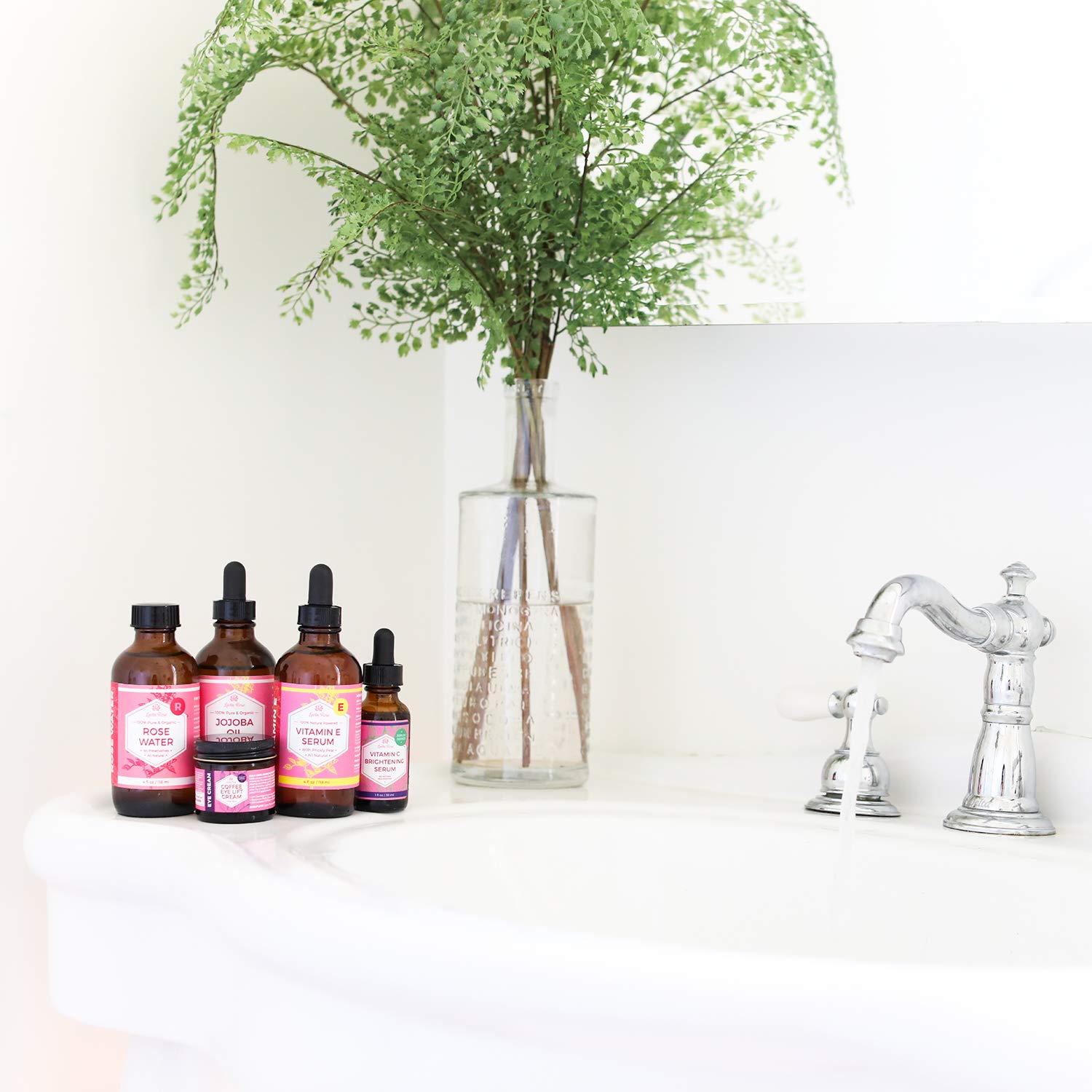 Leven Rose packaging on a clean vanity.