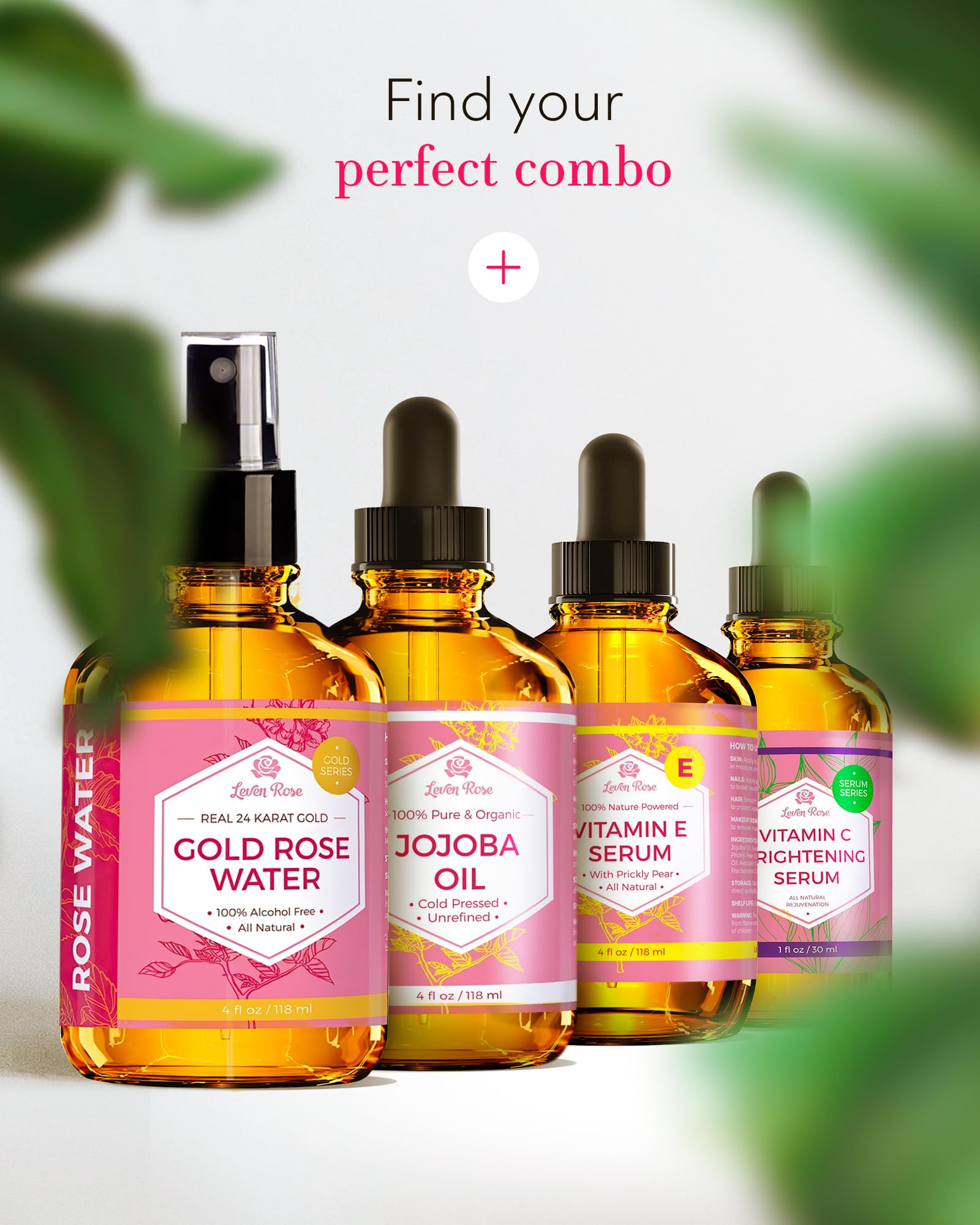 Leven Rose packaging and label emphasizing vegan-friendly, alcohol-free formula