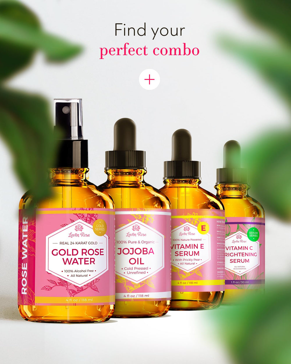 Leven Rose packaging and label emphasizing vegan-friendly, alcohol-free formula