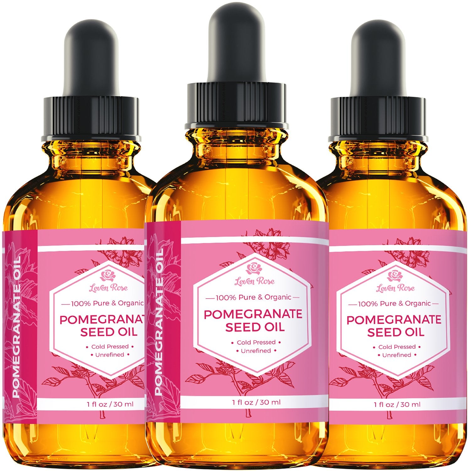 Leven Rose Pomegranate Oil bottle with stopper keeps potency during storage.