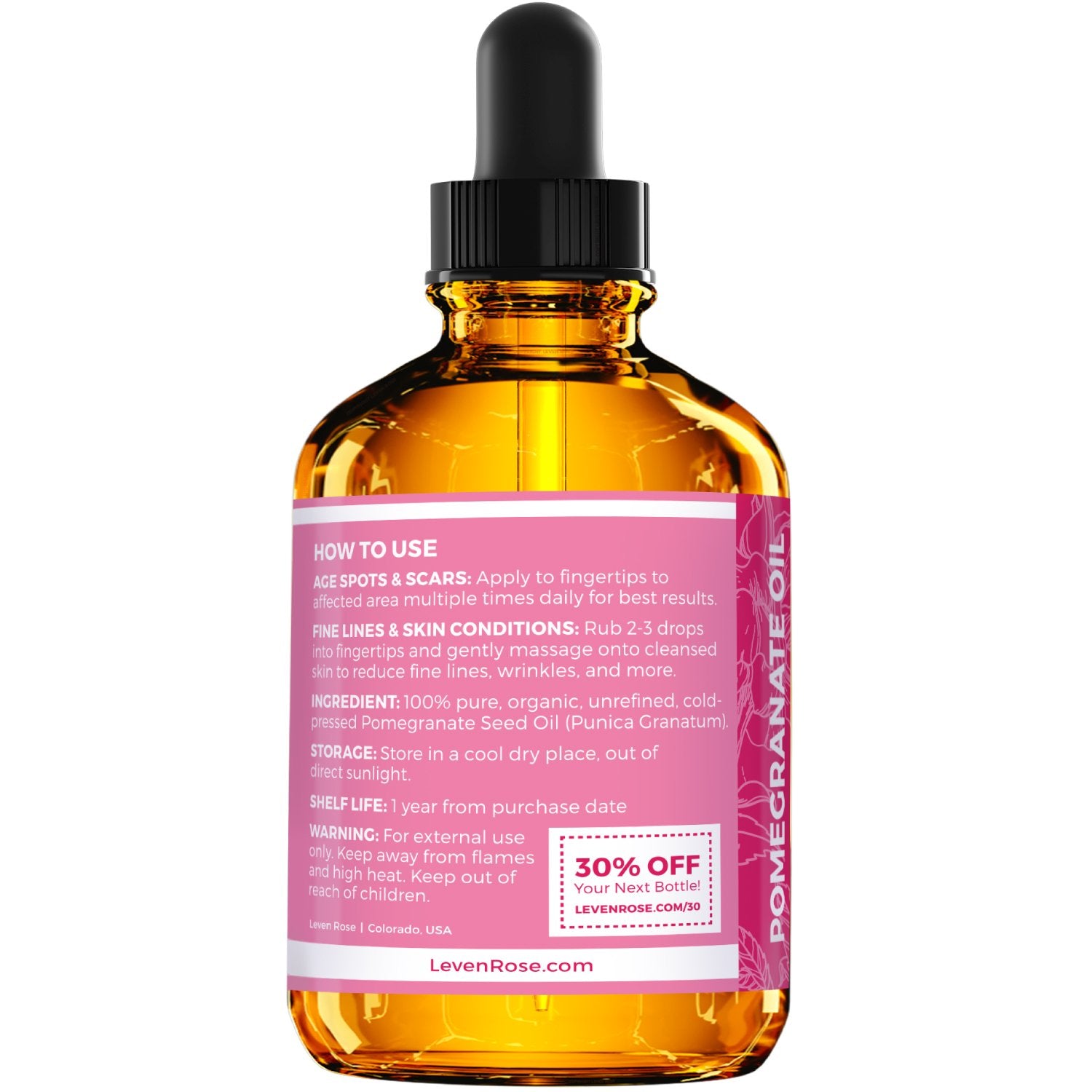 Leven Rose Pomegranate Seed Oil amber bottle highlights potency against light exposure.