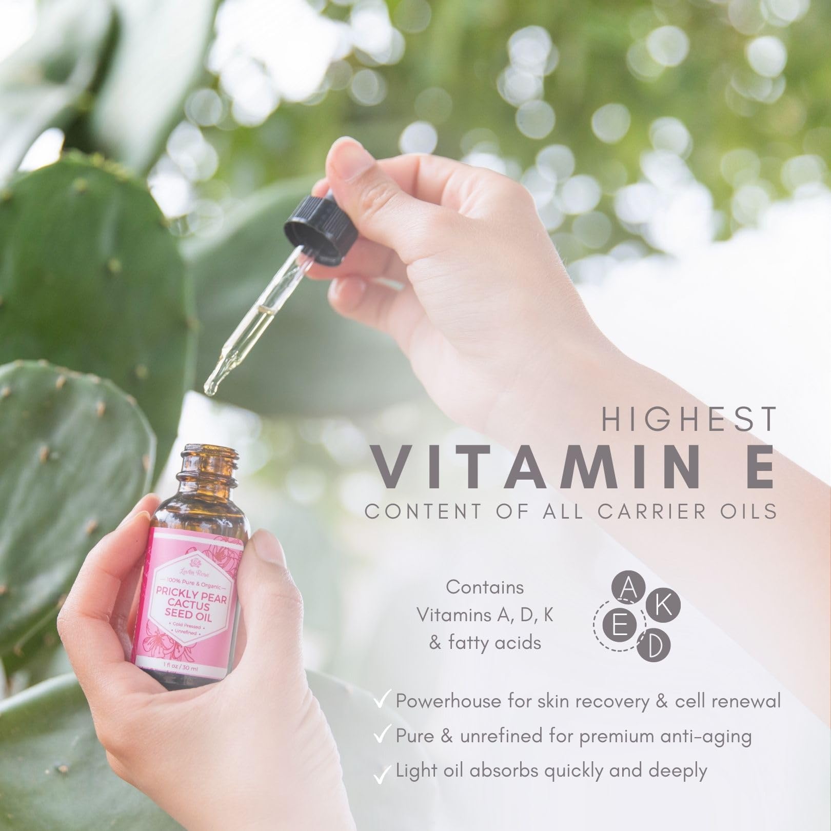 Leven Rose Prickly Pear Seed Oil pipette dispense for precise, lightweight moisture.