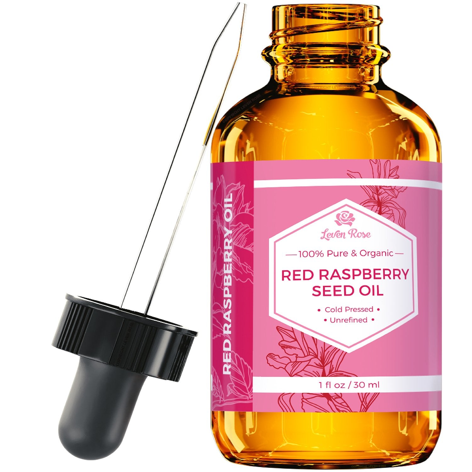 Leven Rose red raspberry seed oil bottle closeup showing pure organic formula for skin care