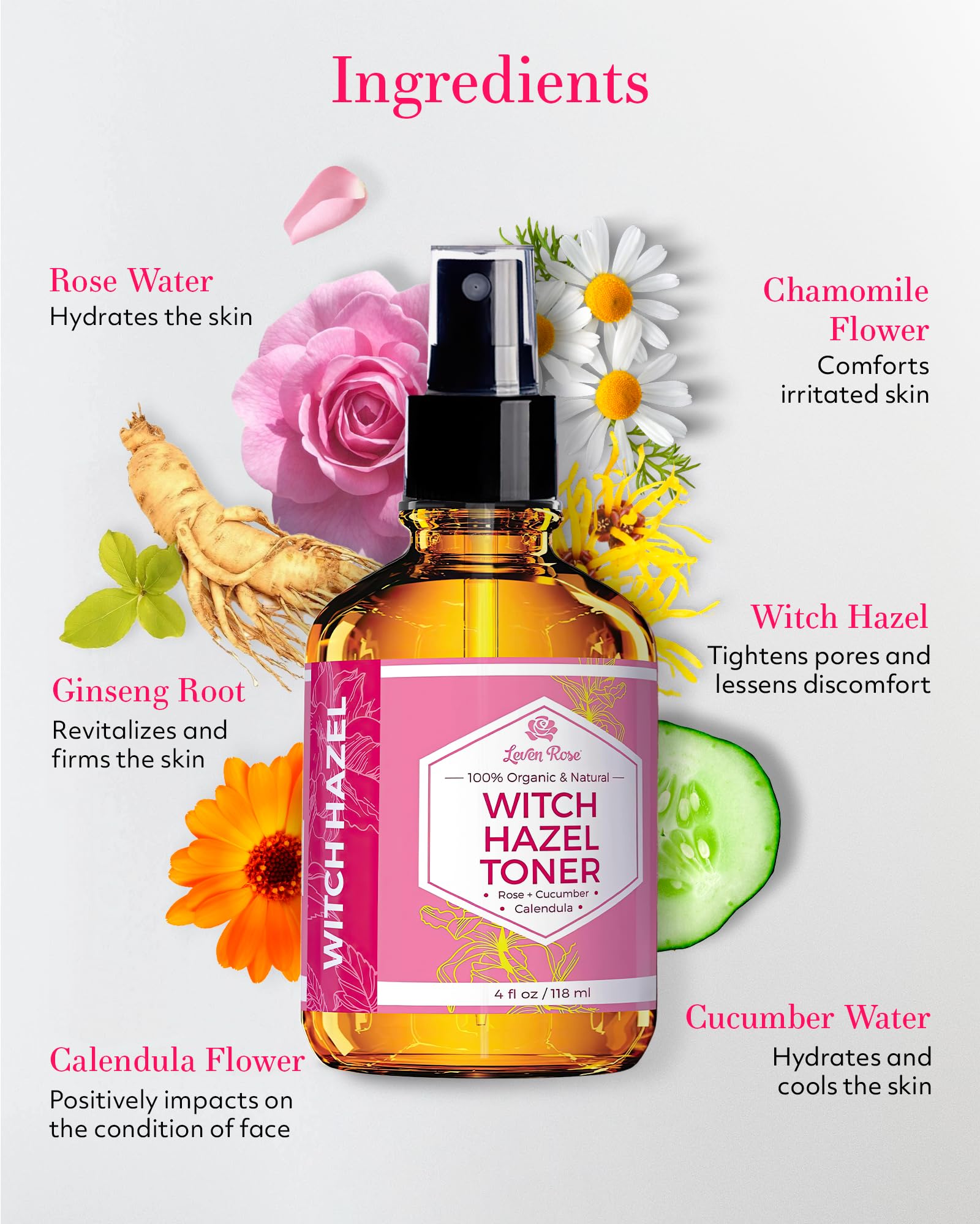 Leven Rose Rose Water petals highlight soothing aroma and gentle hydration.