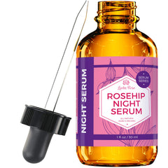 Leven Rose Rosehip Night Serum bottle front showing product texture and branding for hydration