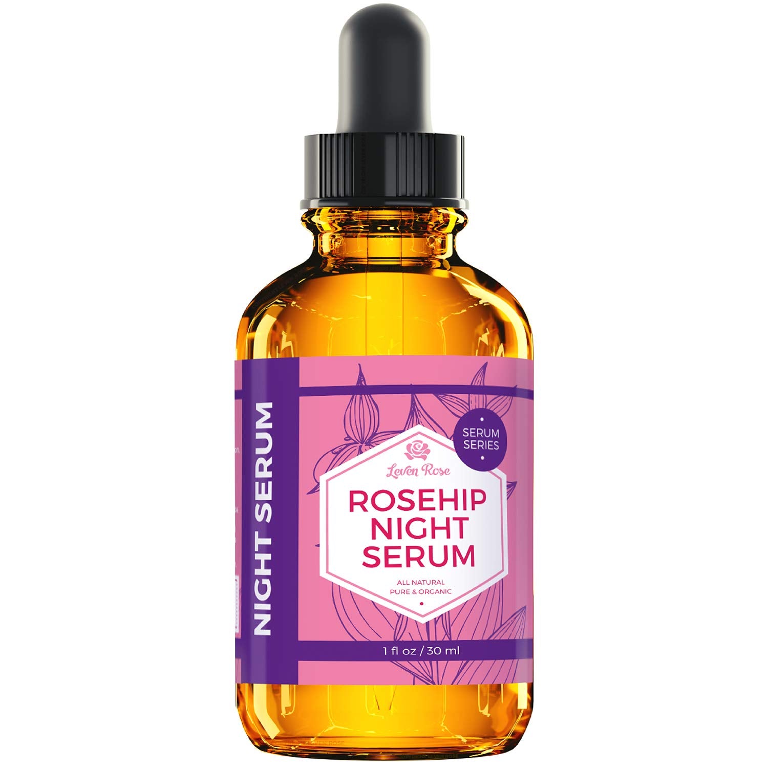Leven Rose Rosehip Night Serum ingredients closeup highlighting natural oils for nourishment