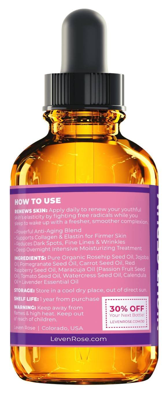 Leven Rose Rosehip Night Serum packaging emphasizing clean, chemical-free formula