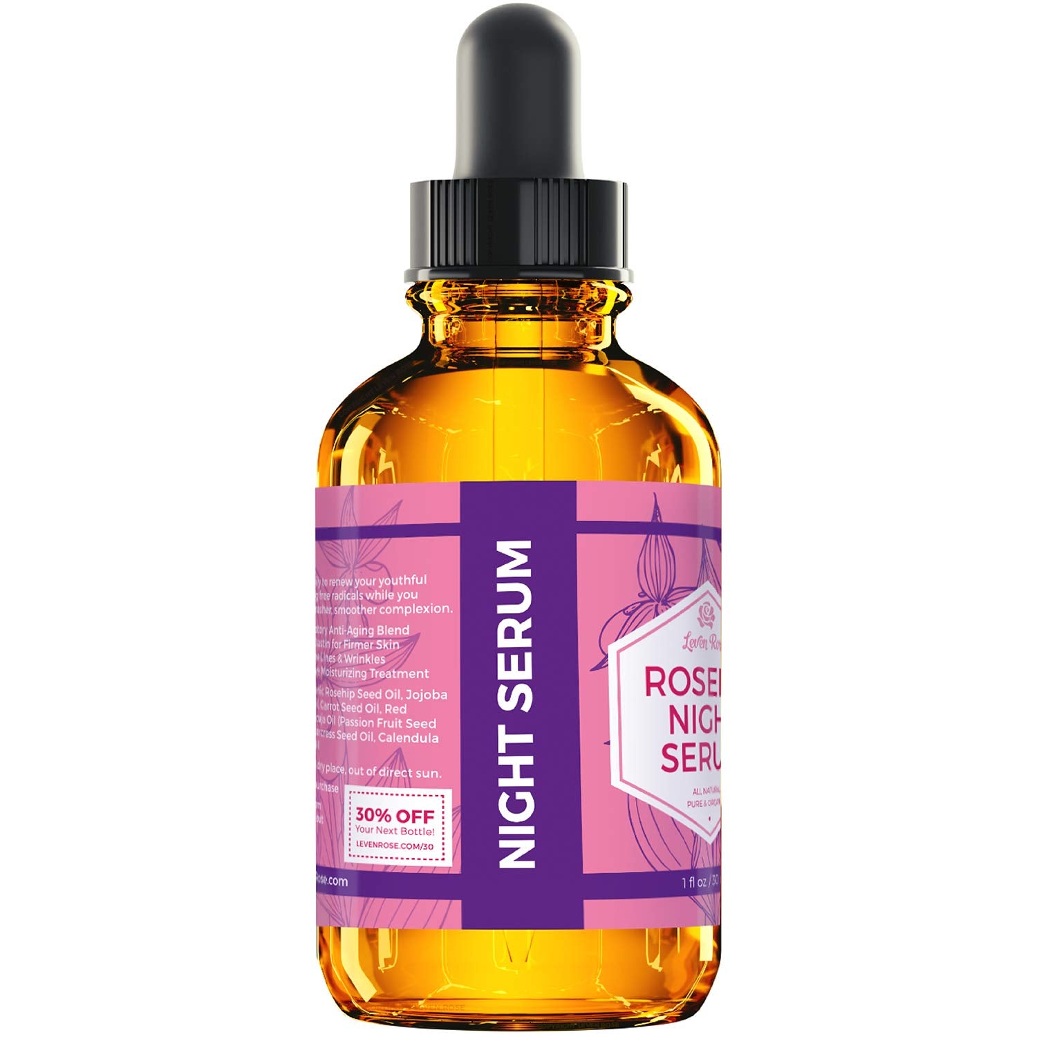 Leven Rose Rosehip Night Serum on skin with subtle glow after use