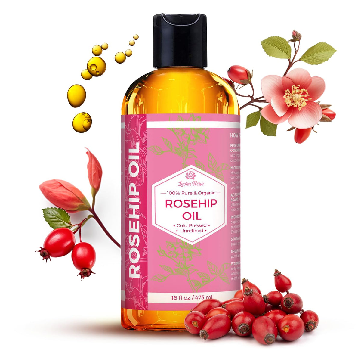 Leven Rose rosehip oil bottle closeup for skin nourishment and glow