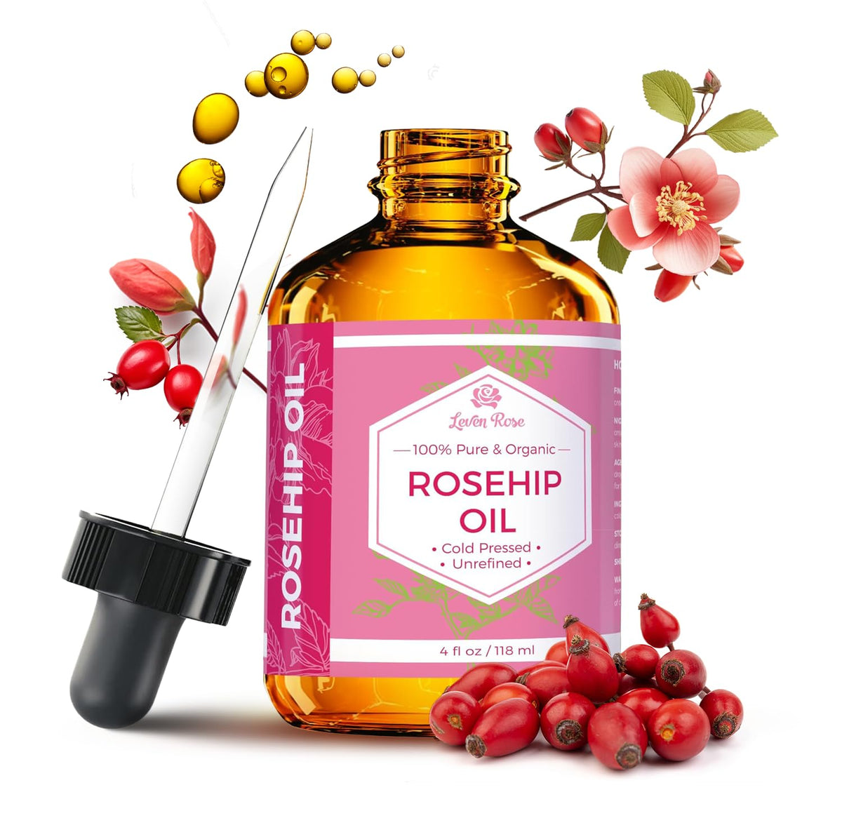 Leven Rose rosehip oil bottle with dropper for precise facial hydration