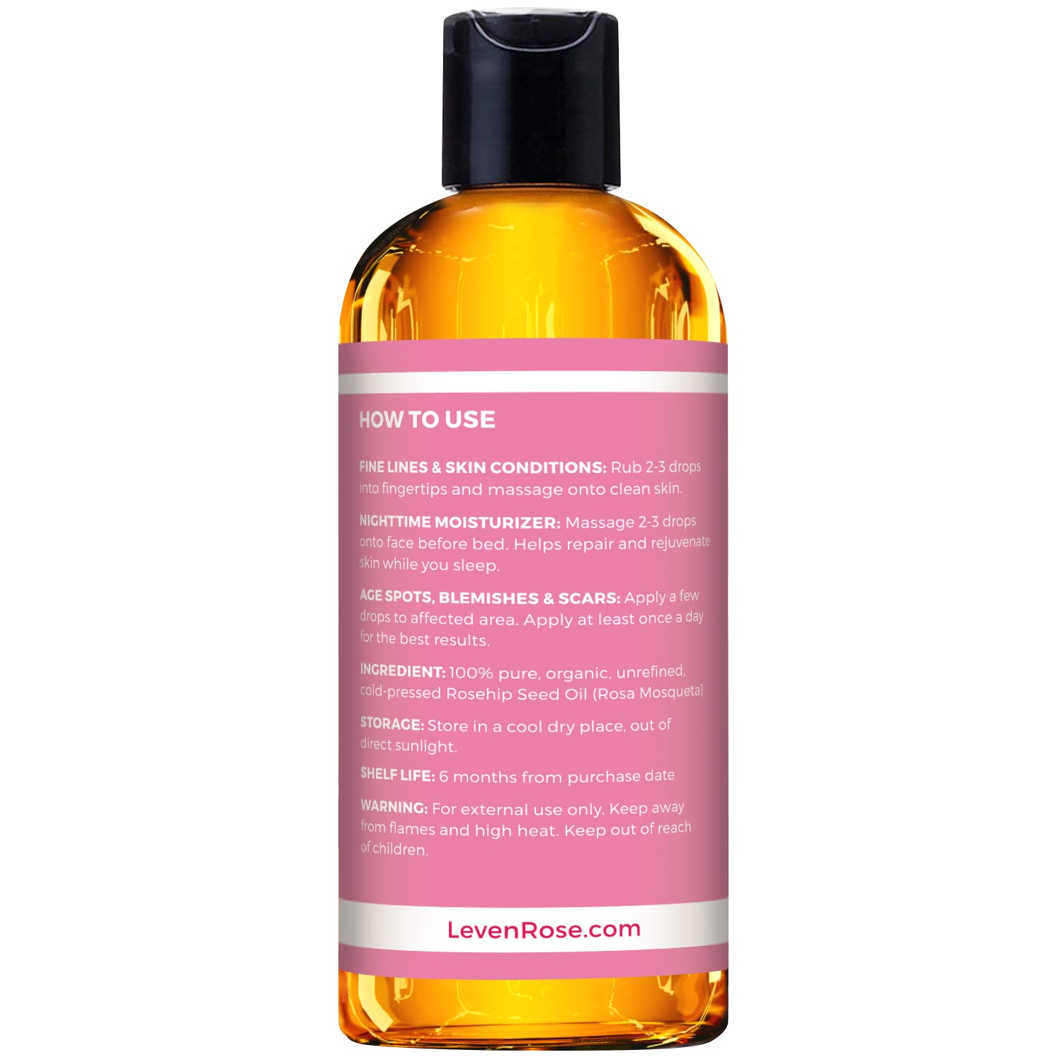 Leven Rose rosehip oil dropper dispenses oil on skin