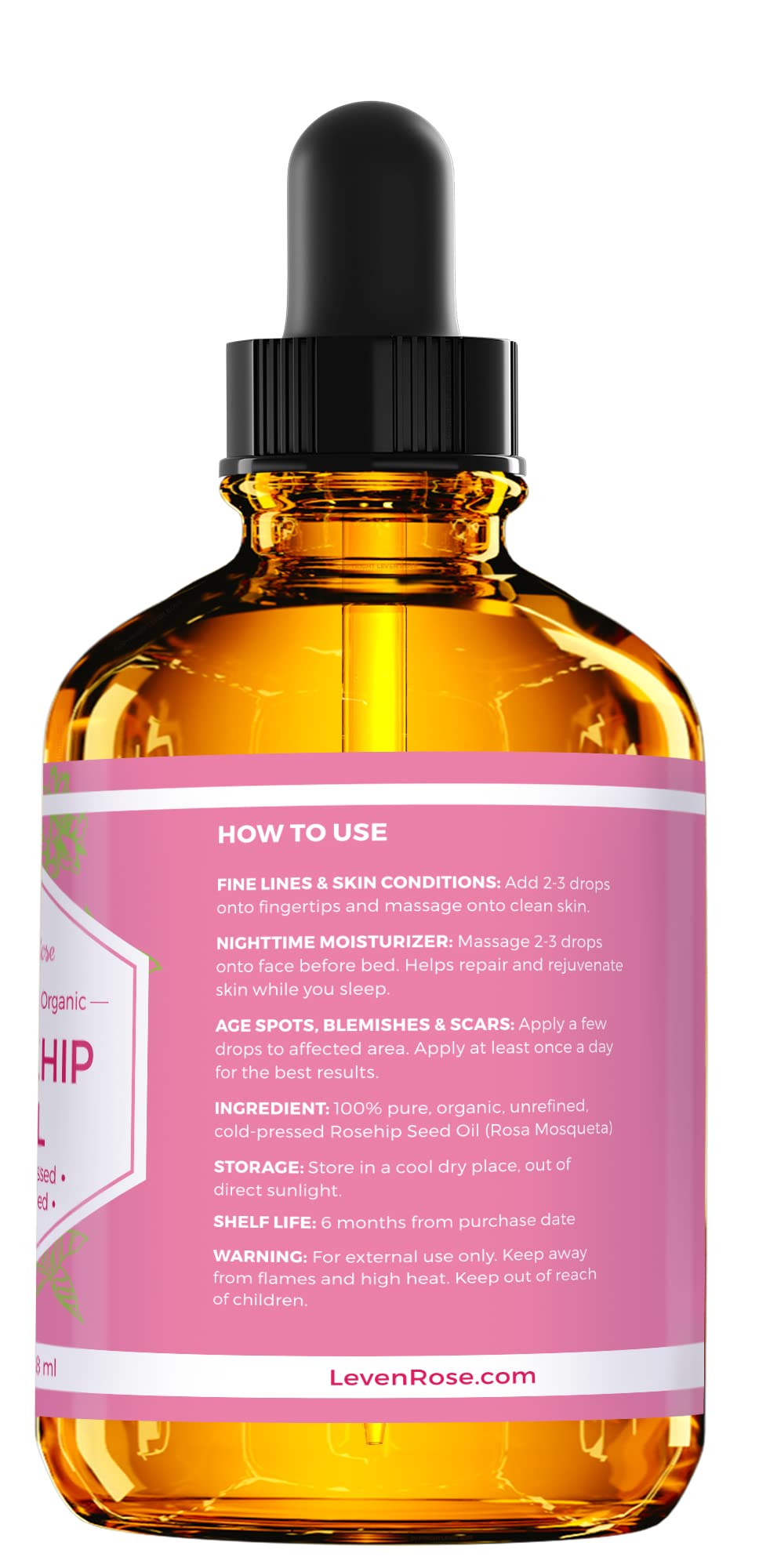 Leven Rose rosehip oil-ingredients highlights unrefined cold-pressed quality.